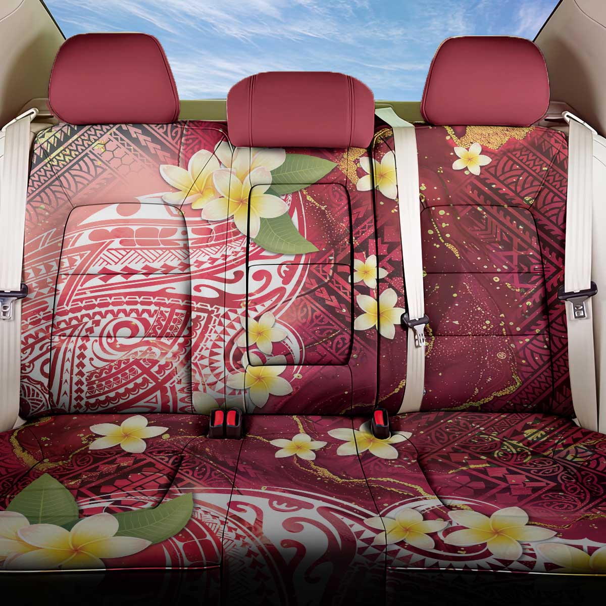 Polynesian Tribal Tattoo Back Car Seat Cover Plumeria Blood Red and Gold Marble Pattern LT9 One Size Red - Polynesian Pride