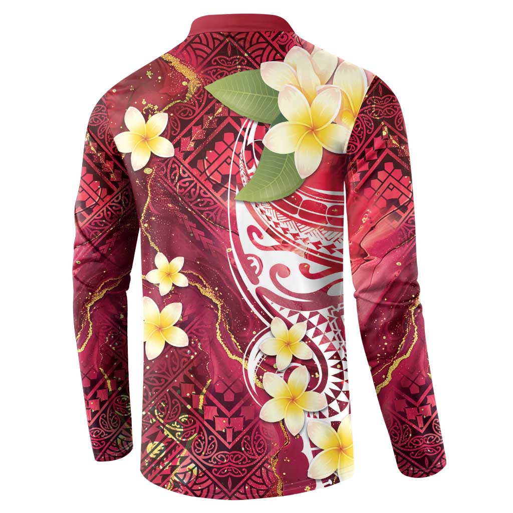 Polynesian Tribal Tattoo Button Sweatshirt Plumeria Blood Red and Gold Marble Pattern