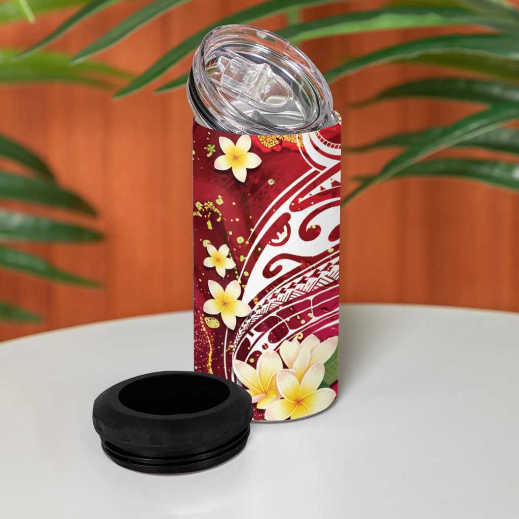Polynesian Tribal Tattoo 4 in 1 Can Cooler Tumbler Plumeria Blood Red and Gold Marble Pattern LT9 - Polynesian Pride