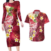 Polynesian Tribal Tattoo Couples Matching Long Sleeve Bodycon Dress and Hawaiian Shirt Plumeria Blood Red and Gold Marble Pattern LT9 Red - Polynesian Pride