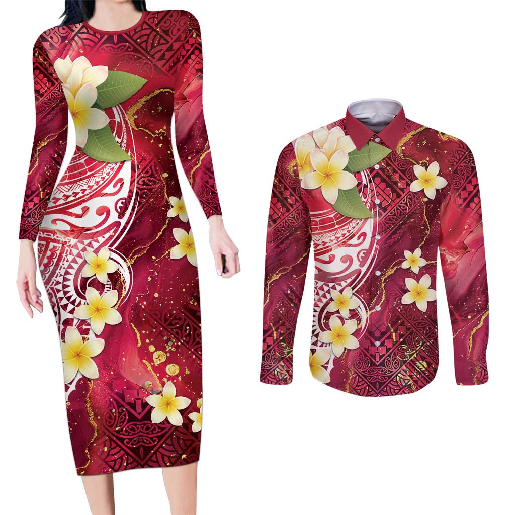 Polynesian Tribal Tattoo Couples Matching Long Sleeve Bodycon Dress and Long Sleeve Button Shirt Plumeria Blood Red and Gold Marble Pattern LT9 Red - Polynesian Pride