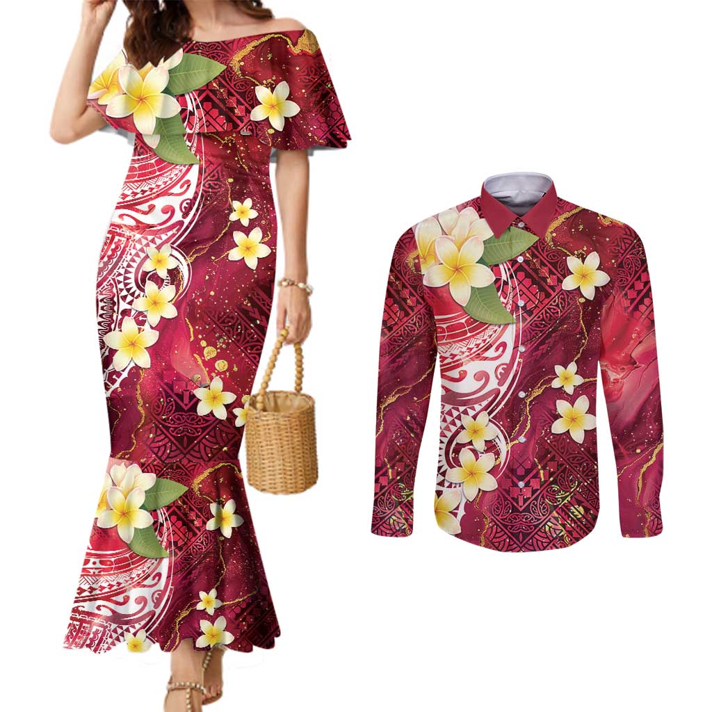 Polynesian Tribal Tattoo Couples Matching Mermaid Dress and Long Sleeve Button Shirt Plumeria Blood Red and Gold Marble Pattern LT9 Red - Polynesian Pride
