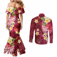 Polynesian Tribal Tattoo Couples Matching Mermaid Dress and Long Sleeve Button Shirt Plumeria Blood Red and Gold Marble Pattern LT9 - Polynesian Pride