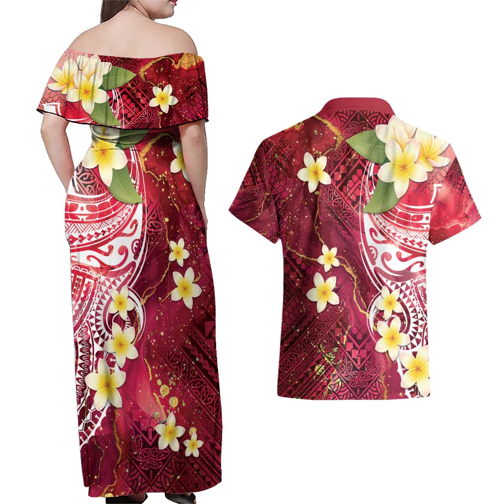 Polynesian Tribal Tattoo Couples Matching Off Shoulder Maxi Dress and Hawaiian Shirt Plumeria Blood Red and Gold Marble Pattern LT9 - Polynesian Pride