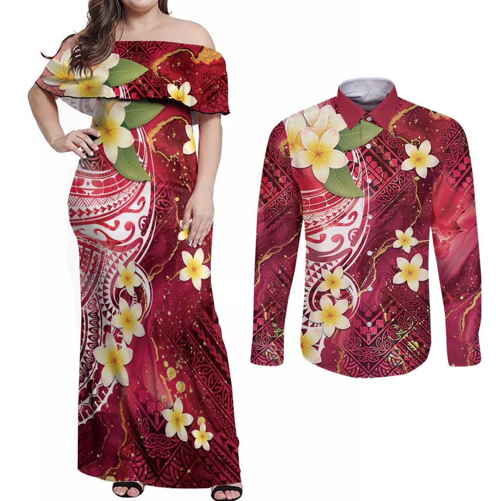 Polynesian Tribal Tattoo Couples Matching Off Shoulder Maxi Dress and Long Sleeve Button Shirt Plumeria Blood Red and Gold Marble Pattern LT9 Red - Polynesian Pride