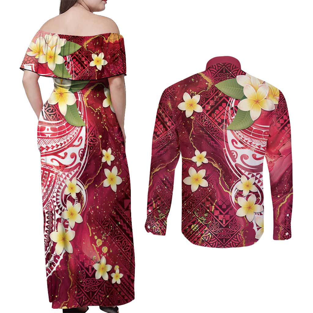 Polynesian Tribal Tattoo Couples Matching Off Shoulder Maxi Dress and Long Sleeve Button Shirt Plumeria Blood Red and Gold Marble Pattern LT9 - Polynesian Pride