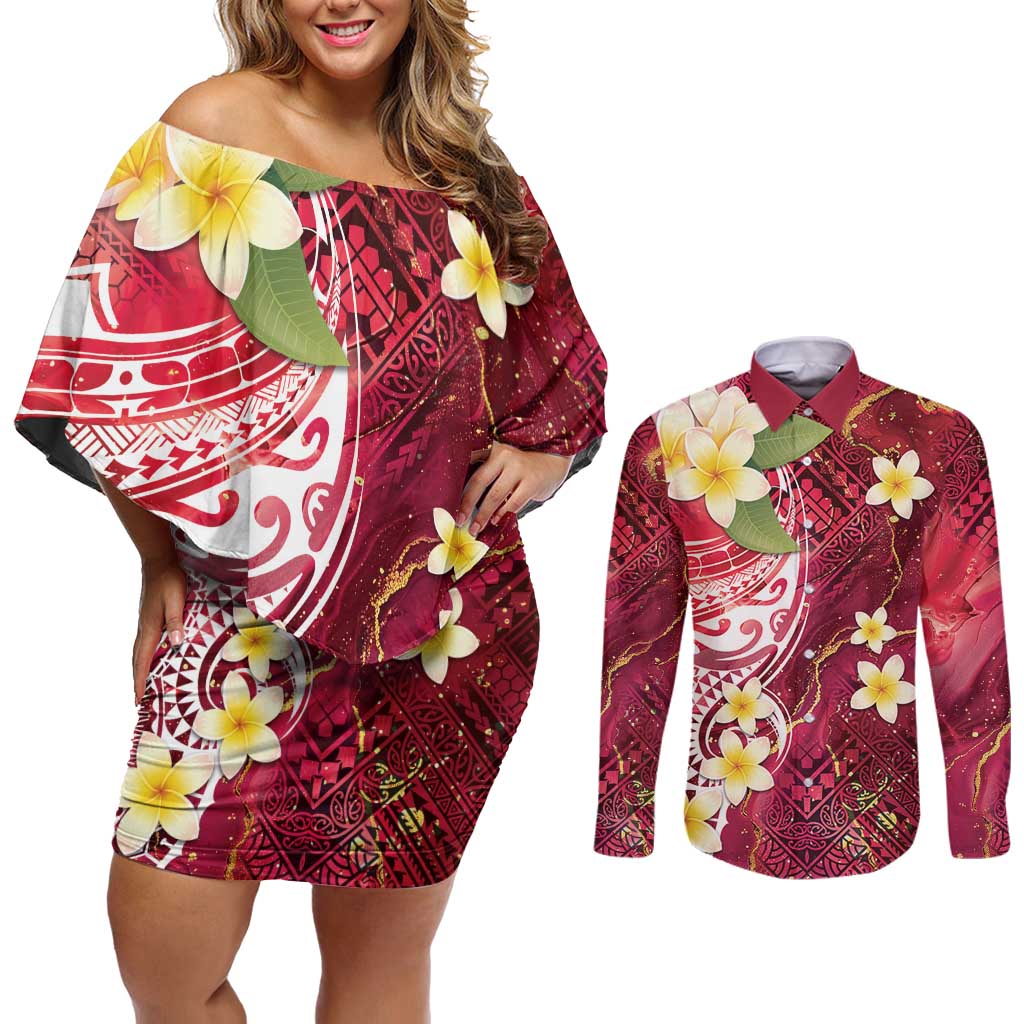 Polynesian Tribal Tattoo Couples Matching Off Shoulder Short Dress and Long Sleeve Button Shirt Plumeria Blood Red and Gold Marble Pattern LT9 Red - Polynesian Pride