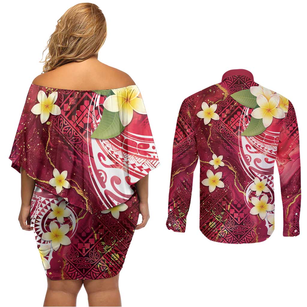 Polynesian Tribal Tattoo Couples Matching Off Shoulder Short Dress and Long Sleeve Button Shirt Plumeria Blood Red and Gold Marble Pattern LT9 - Polynesian Pride