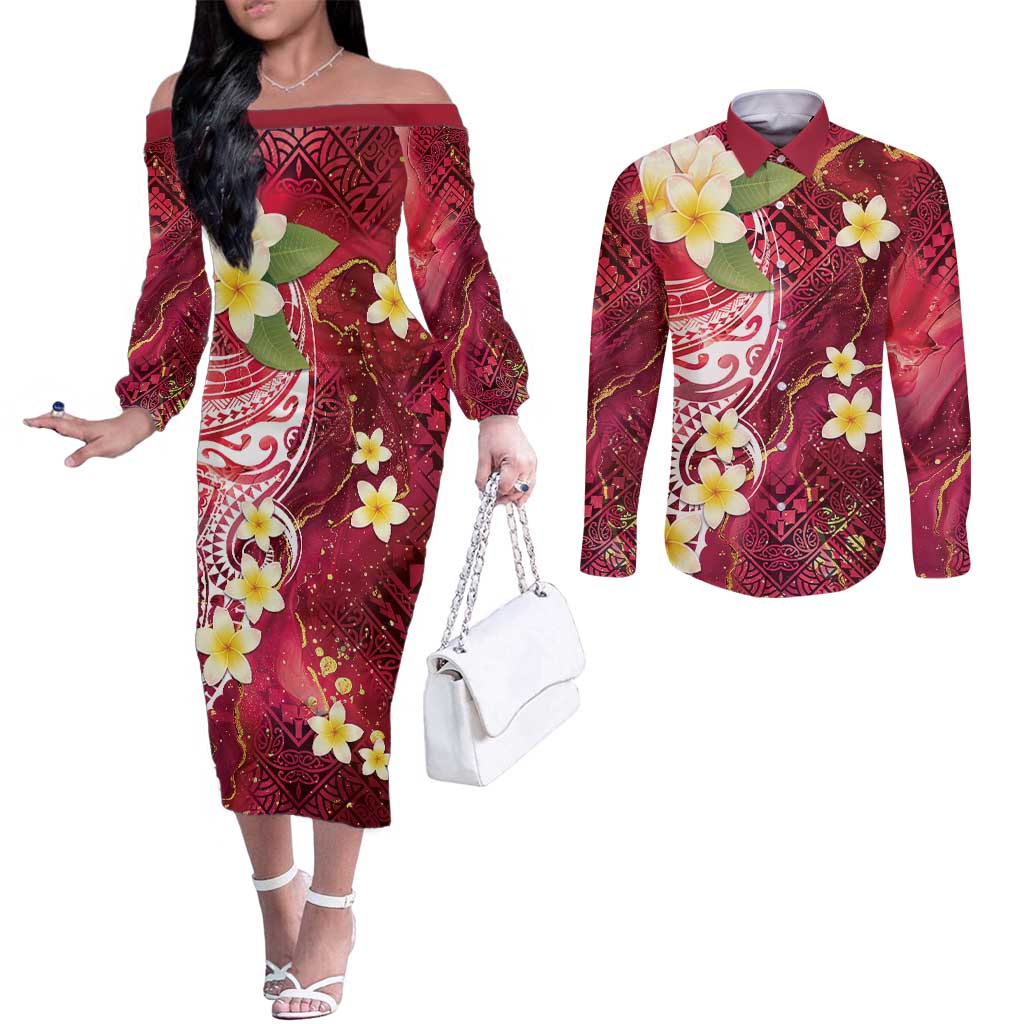 Polynesian Tribal Tattoo Couples Matching Off The Shoulder Long Sleeve Dress and Long Sleeve Button Shirt Plumeria Blood Red and Gold Marble Pattern LT9 Red - Polynesian Pride