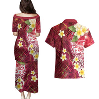 Polynesian Tribal Tattoo Couples Matching Puletasi and Hawaiian Shirt Plumeria Blood Red and Gold Marble Pattern LT9 - Polynesian Pride