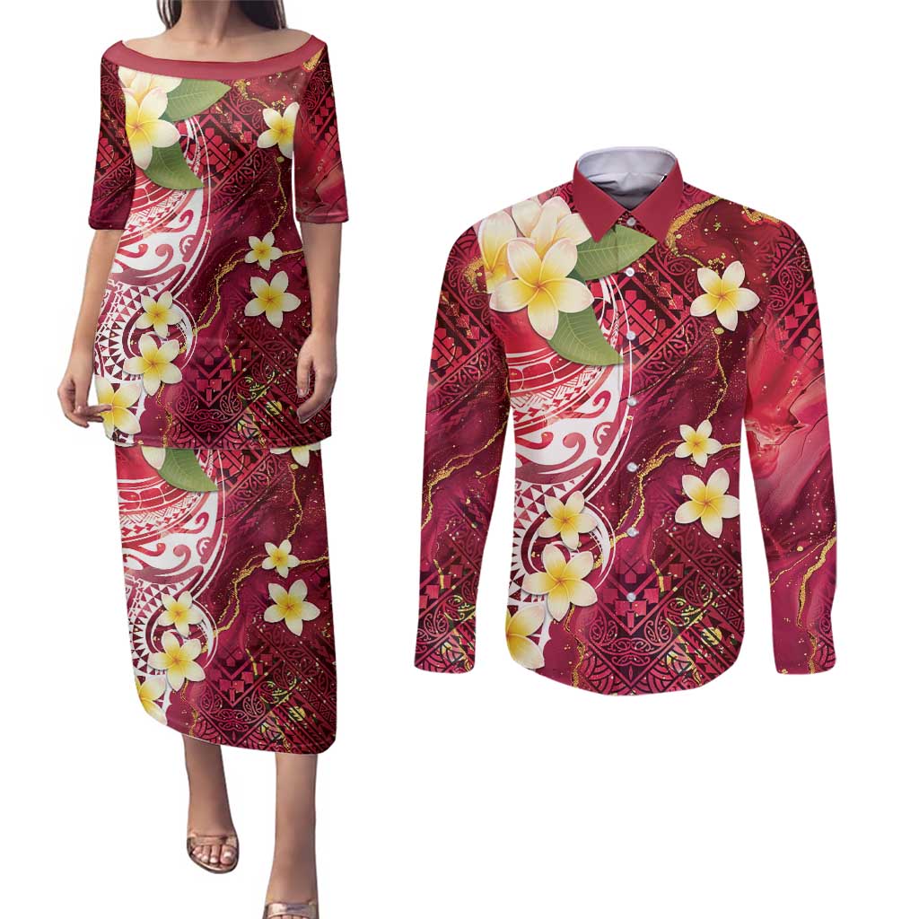Polynesian Tribal Tattoo Couples Matching Puletasi and Long Sleeve Button Shirt Plumeria Blood Red and Gold Marble Pattern LT9 Red - Polynesian Pride