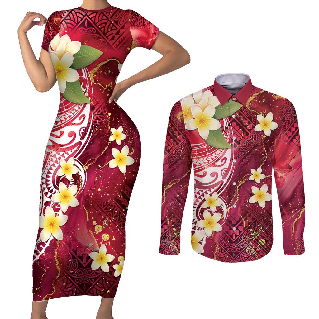 Polynesian Tribal Tattoo Couples Matching Short Sleeve Bodycon Dress and Long Sleeve Button Shirt Plumeria Blood Red and Gold Marble Pattern LT9 Red - Polynesian Pride