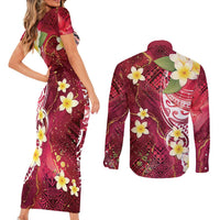 Polynesian Tribal Tattoo Couples Matching Short Sleeve Bodycon Dress and Long Sleeve Button Shirt Plumeria Blood Red and Gold Marble Pattern LT9 - Polynesian Pride