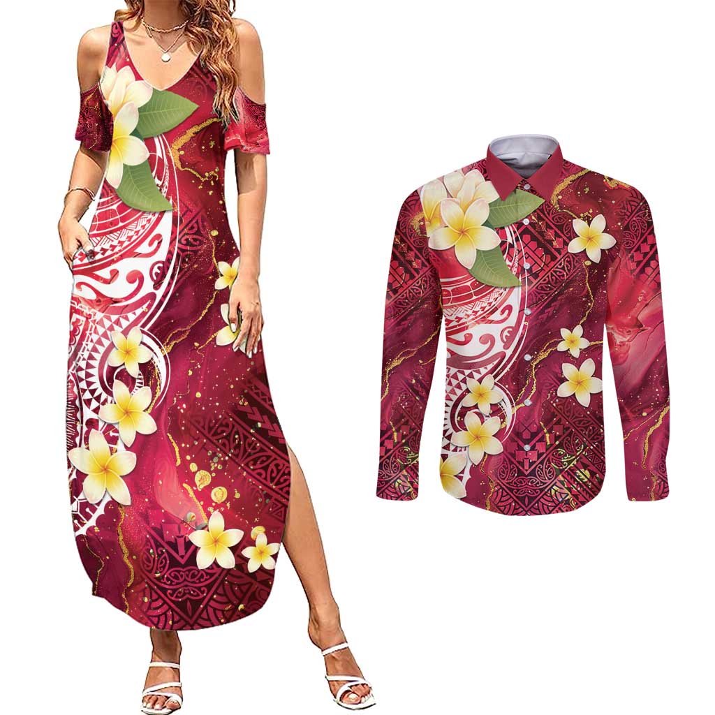 Polynesian Tribal Tattoo Couples Matching Summer Maxi Dress and Long Sleeve Button Shirt Plumeria Blood Red and Gold Marble Pattern LT9 Red - Polynesian Pride