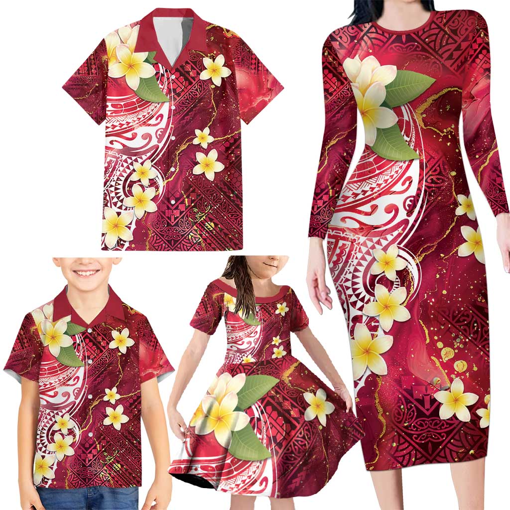 Polynesian Tribal Tattoo Family Matching Long Sleeve Bodycon Dress and Hawaiian Shirt Plumeria Blood Red and Gold Marble Pattern LT9 - Polynesian Pride