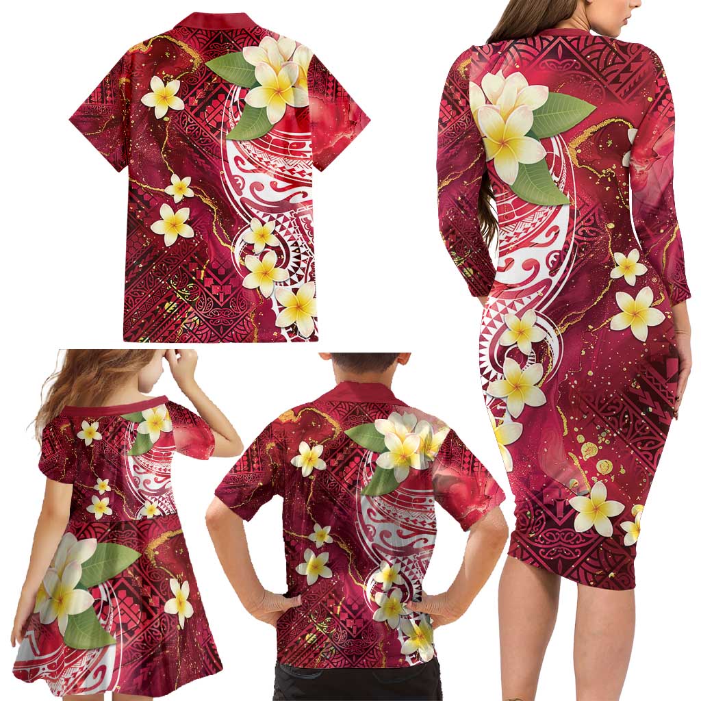 Polynesian Tribal Tattoo Family Matching Long Sleeve Bodycon Dress and Hawaiian Shirt Plumeria Blood Red and Gold Marble Pattern LT9 - Polynesian Pride