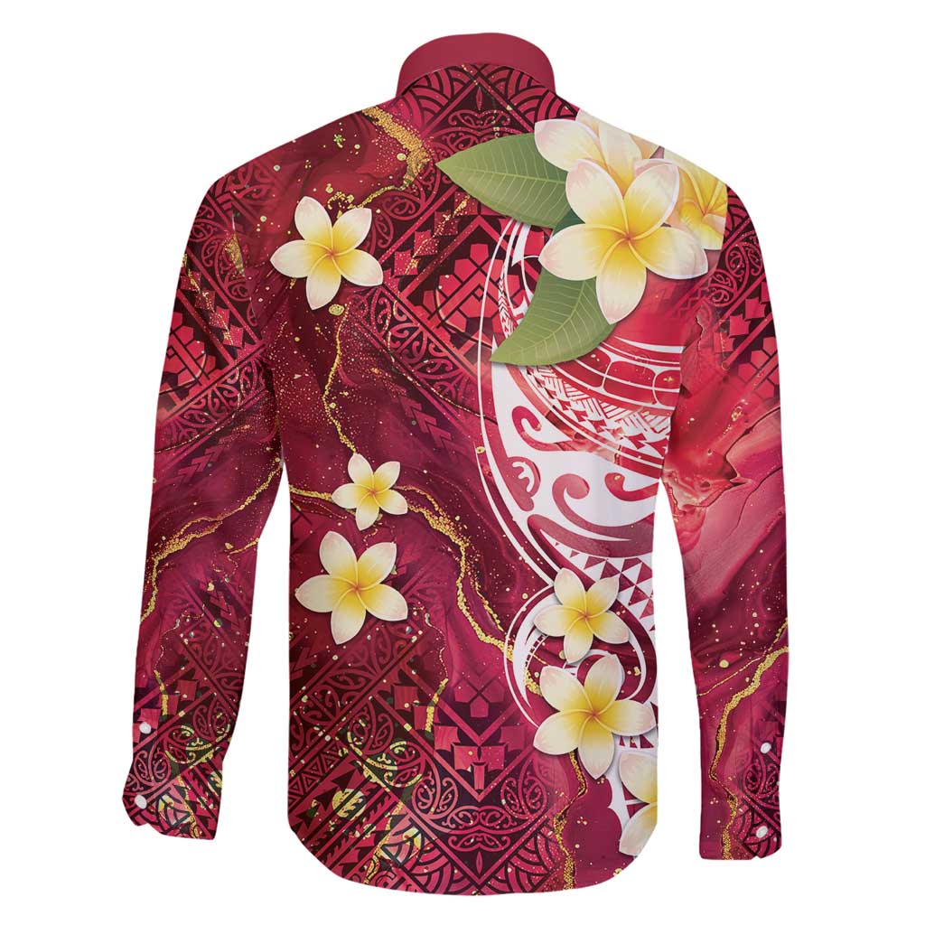 Polynesian Tribal Tattoo Family Matching Long Sleeve Bodycon Dress and Hawaiian Shirt Plumeria Blood Red and Gold Marble Pattern LT9 - Polynesian Pride
