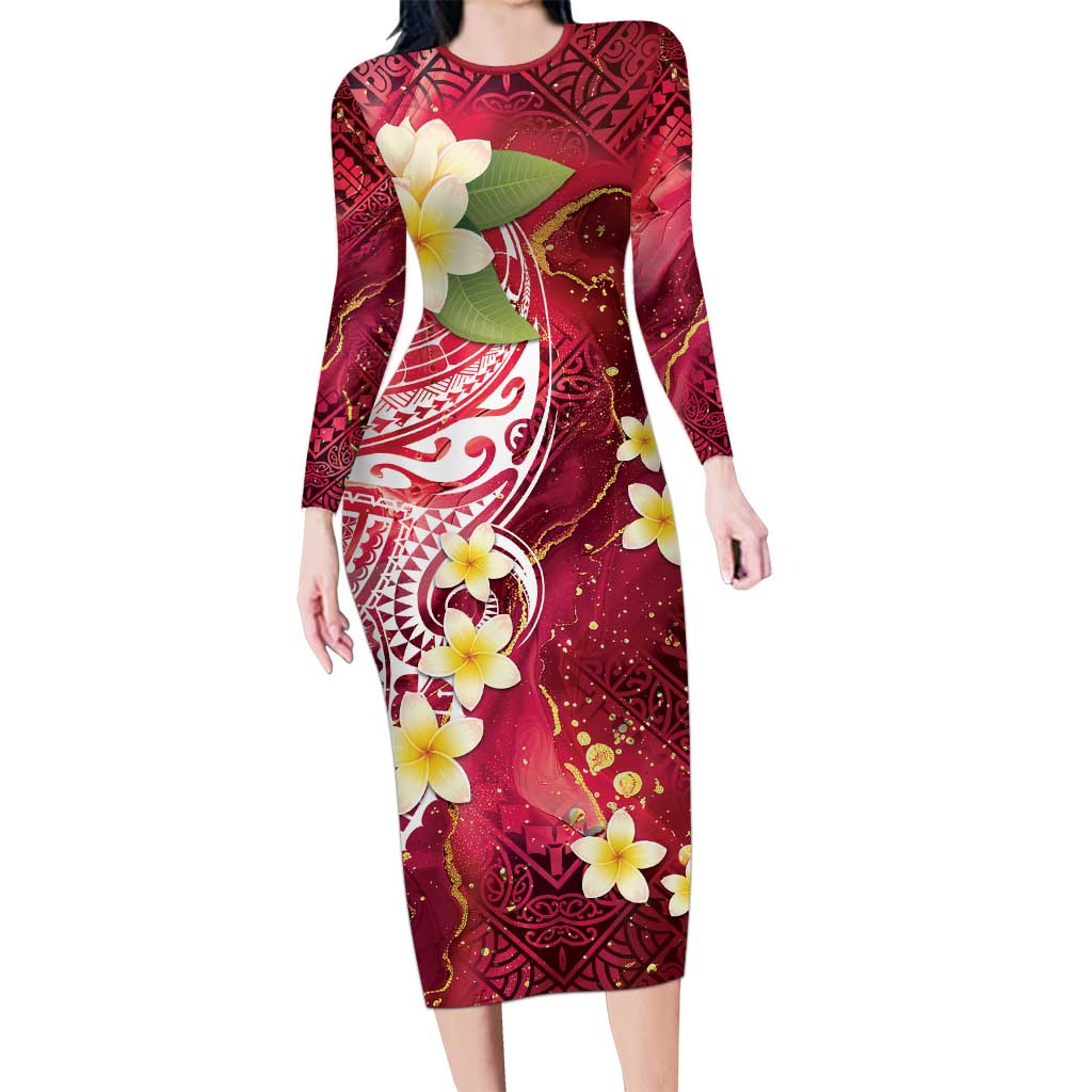 Polynesian Tribal Tattoo Family Matching Long Sleeve Bodycon Dress and Hawaiian Shirt Plumeria Blood Red and Gold Marble Pattern LT9 Mom's Dress Red - Polynesian Pride