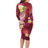 Polynesian Tribal Tattoo Family Matching Long Sleeve Bodycon Dress and Hawaiian Shirt Plumeria Blood Red and Gold Marble Pattern LT9 - Polynesian Pride