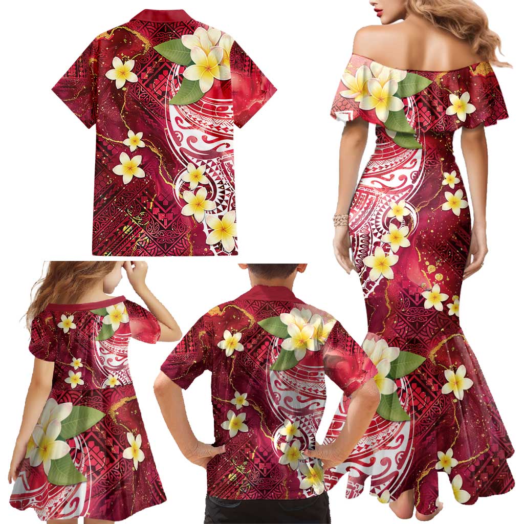 Polynesian Tribal Tattoo Family Matching Mermaid Dress and Hawaiian Shirt Plumeria Blood Red and Gold Marble Pattern LT9 - Polynesian Pride