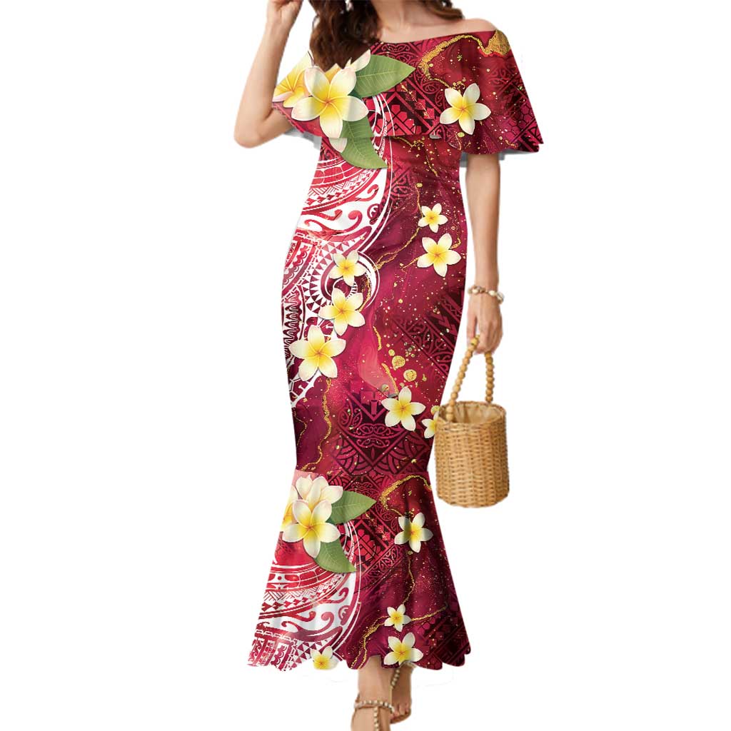Polynesian Tribal Tattoo Family Matching Mermaid Dress and Hawaiian Shirt Plumeria Blood Red and Gold Marble Pattern LT9 Mom's Dress Red - Polynesian Pride