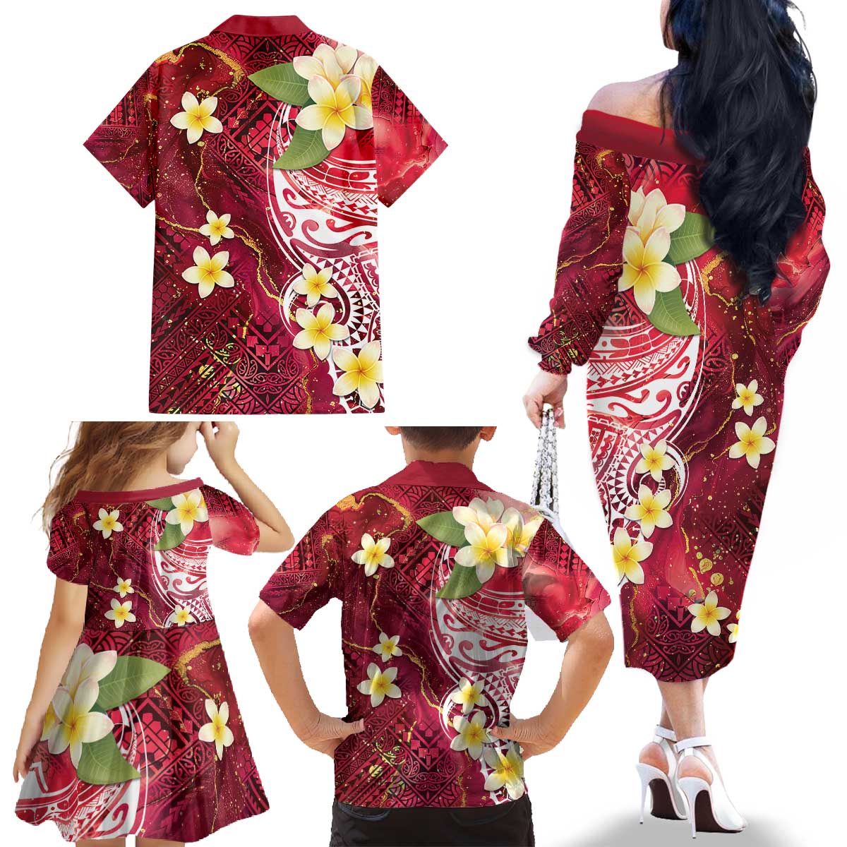Polynesian Tribal Tattoo Family Matching Off The Shoulder Long Sleeve Dress and Hawaiian Shirt Plumeria Blood Red and Gold Marble Pattern LT9 - Polynesian Pride