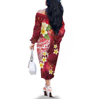 Polynesian Tribal Tattoo Family Matching Off The Shoulder Long Sleeve Dress and Hawaiian Shirt Plumeria Blood Red and Gold Marble Pattern LT9 - Polynesian Pride
