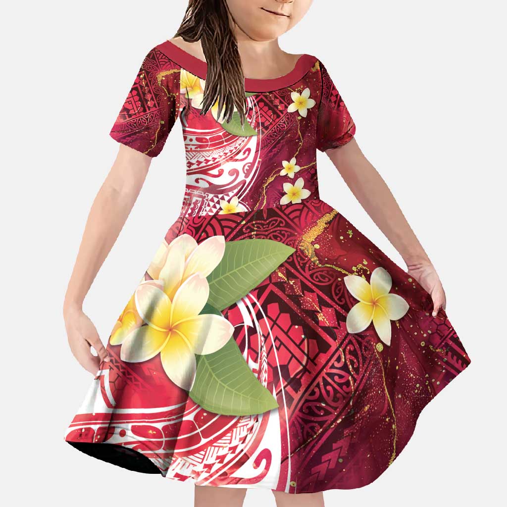 Polynesian Tribal Tattoo Family Matching Off Shoulder Maxi Dress and Hawaiian Shirt Plumeria Blood Red and Gold Marble Pattern LT9 Daughter's Dress Red - Polynesian Pride