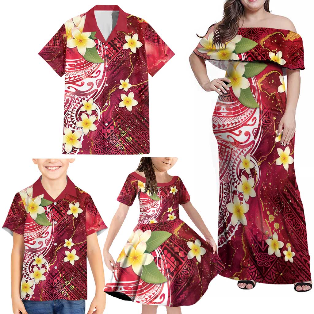 Polynesian Tribal Tattoo Family Matching Off Shoulder Maxi Dress and Hawaiian Shirt Plumeria Blood Red and Gold Marble Pattern LT9 - Polynesian Pride