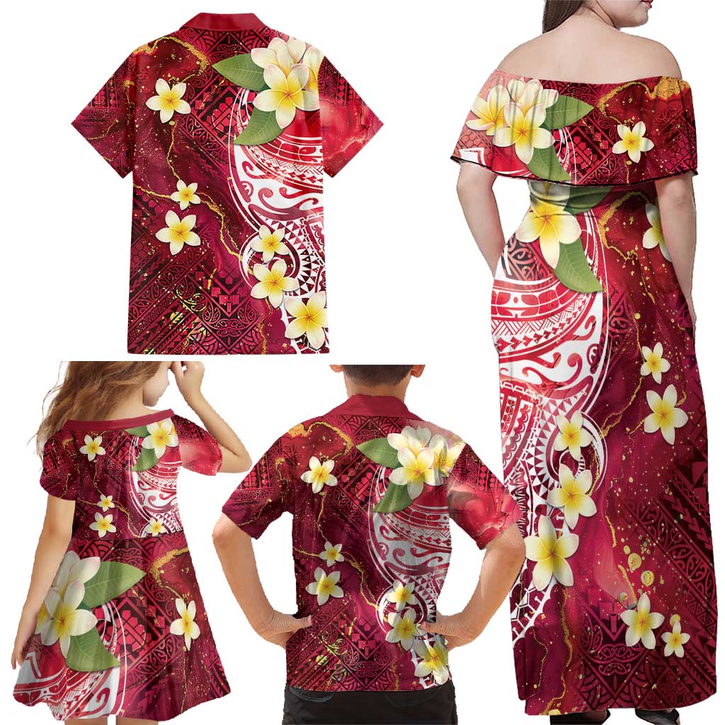 Polynesian Tribal Tattoo Family Matching Off Shoulder Maxi Dress and Hawaiian Shirt Plumeria Blood Red and Gold Marble Pattern LT9 - Polynesian Pride