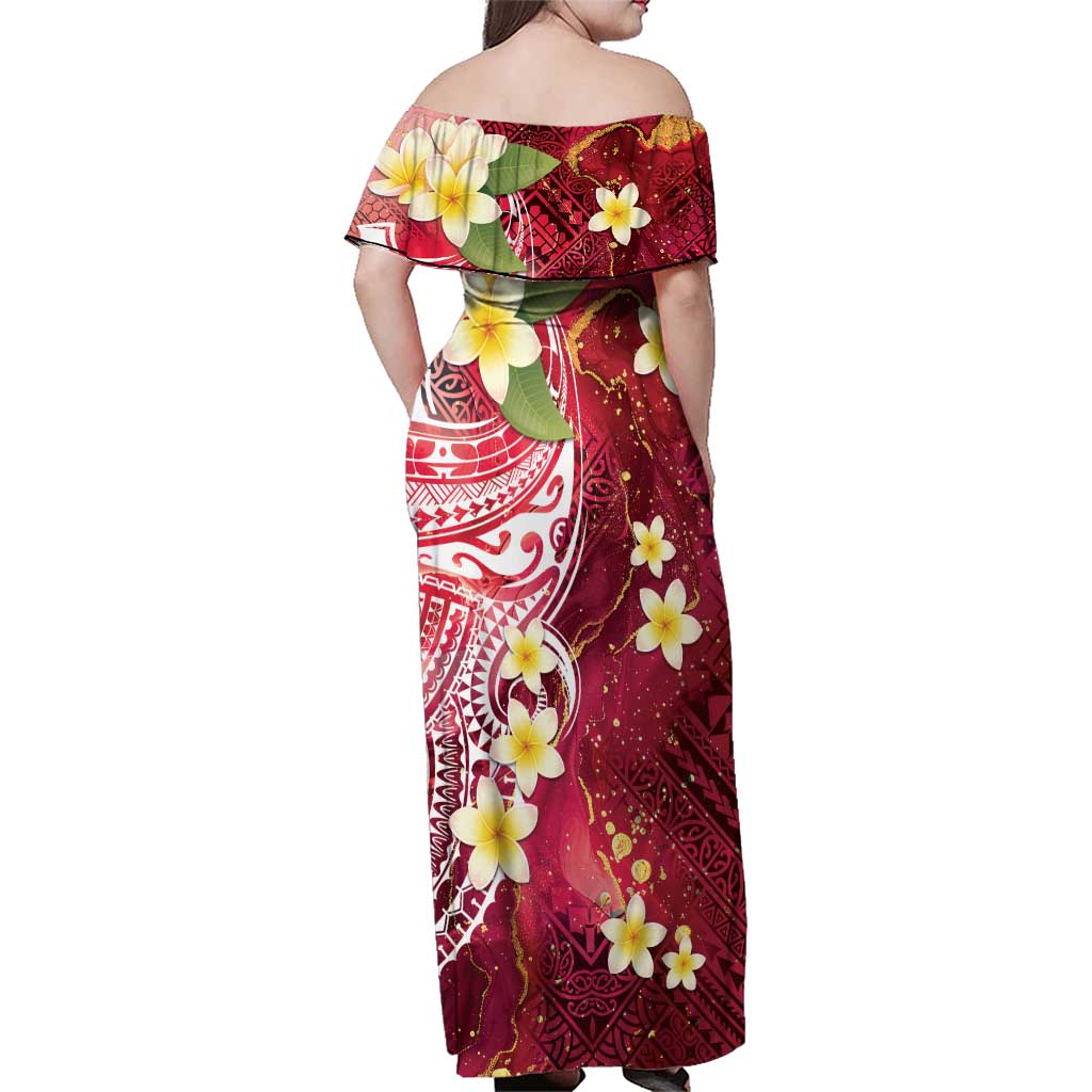 Polynesian Tribal Tattoo Family Matching Off Shoulder Maxi Dress and Hawaiian Shirt Plumeria Blood Red and Gold Marble Pattern LT9 - Polynesian Pride