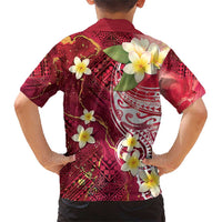 Polynesian Tribal Tattoo Family Matching Short Sleeve Bodycon Dress and Hawaiian Shirt Plumeria Blood Red and Gold Marble Pattern LT9 - Polynesian Pride