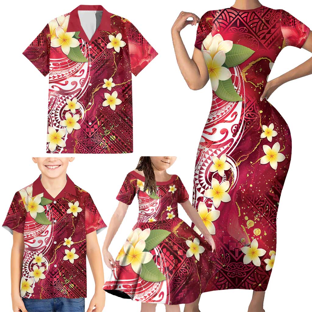 Polynesian Tribal Tattoo Family Matching Short Sleeve Bodycon Dress and Hawaiian Shirt Plumeria Blood Red and Gold Marble Pattern LT9 - Polynesian Pride