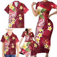 Polynesian Tribal Tattoo Family Matching Short Sleeve Bodycon Dress and Hawaiian Shirt Plumeria Blood Red and Gold Marble Pattern LT9 - Polynesian Pride