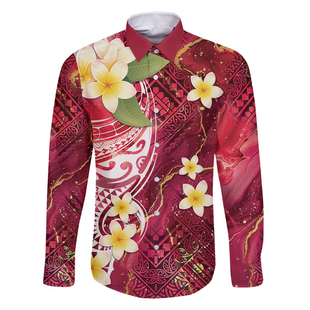 Polynesian Tribal Tattoo Family Matching Summer Maxi Dress and Hawaiian Shirt Plumeria Blood Red and Gold Marble Pattern LT9 Dad's Shirt - Long Sleeve Red - Polynesian Pride