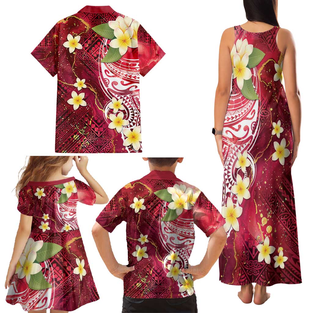 Polynesian Tribal Tattoo Family Matching Tank Maxi Dress and Hawaiian Shirt Plumeria Blood Red and Gold Marble Pattern LT9 - Polynesian Pride