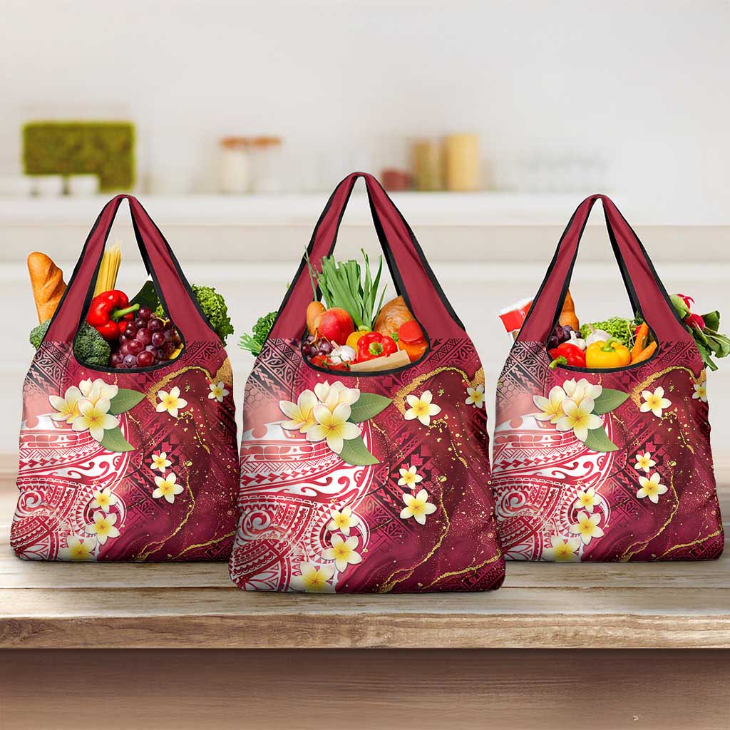 Polynesian Tribal Tattoo Grocery Bag Plumeria Blood Red and Gold Marble Pattern