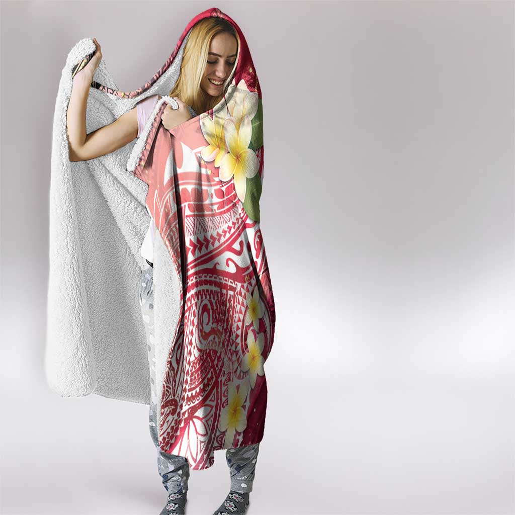 Polynesian Tribal Tattoo Hooded Blanket Plumeria Blood Red and Gold Marble Pattern