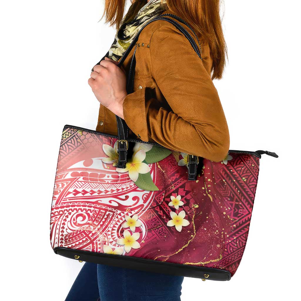 Polynesian Tribal Tattoo Leather Tote Bag Plumeria Blood Red and Gold Marble Pattern LT9 Red - Polynesian Pride