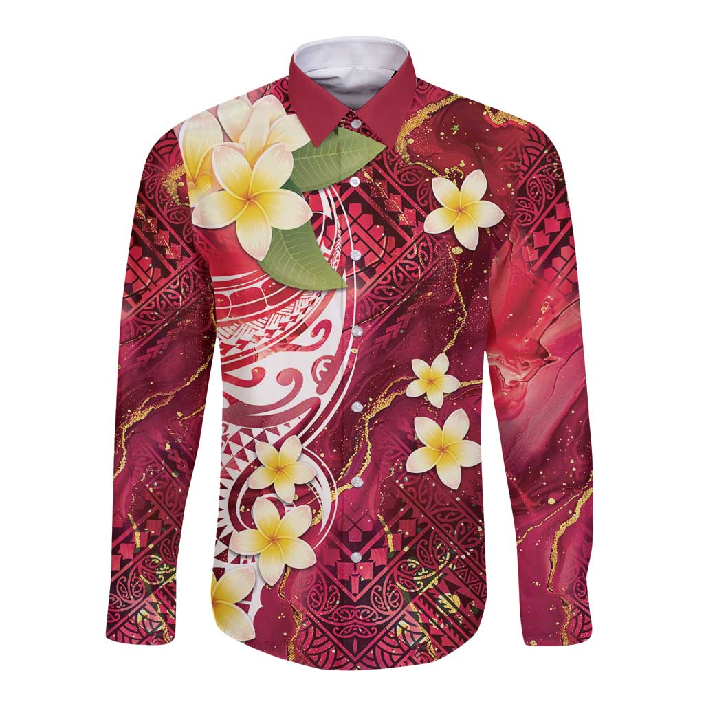 Polynesian Tribal Tattoo Long Sleeve Button Shirt Plumeria Blood Red and Gold Marble Pattern