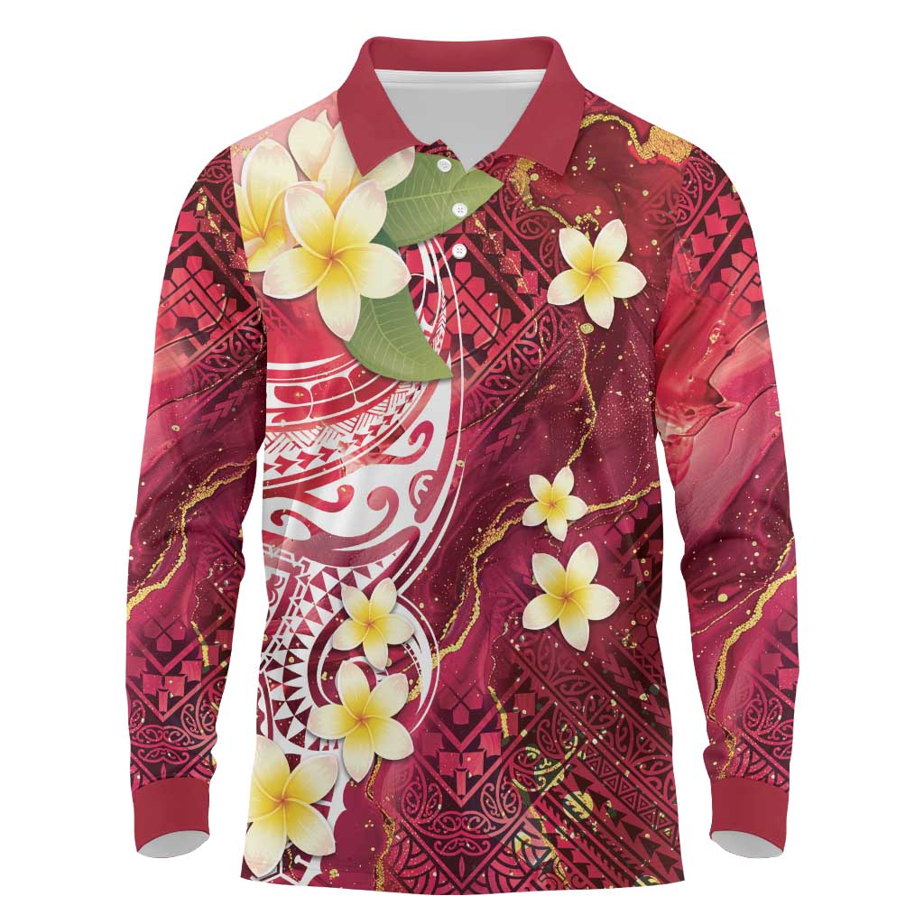 Polynesian Tribal Tattoo Long Sleeve Polo Shirt Plumeria Blood Red and Gold Marble Pattern LT9 Red - Polynesian Pride