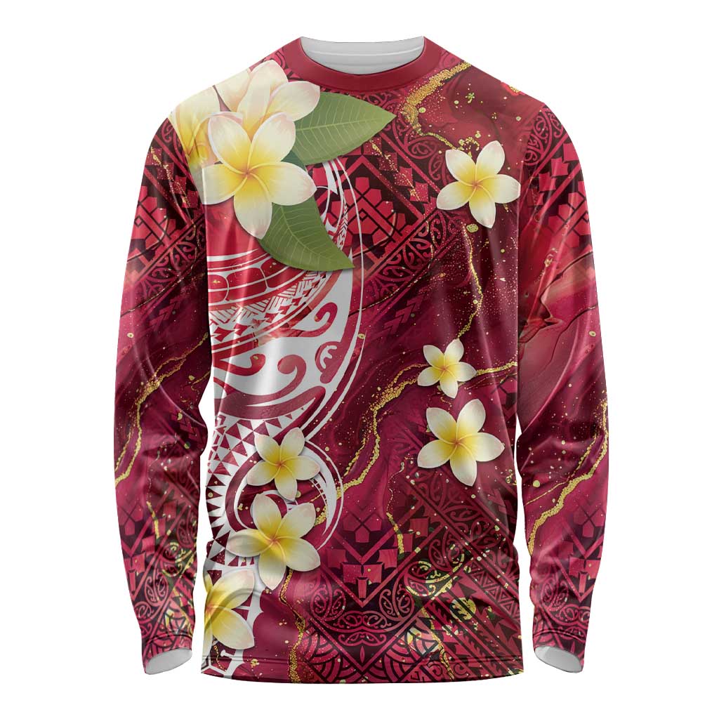 Polynesian Tribal Tattoo Long Sleeve Shirt Plumeria Blood Red and Gold Marble Pattern LT9 Unisex Red - Polynesian Pride
