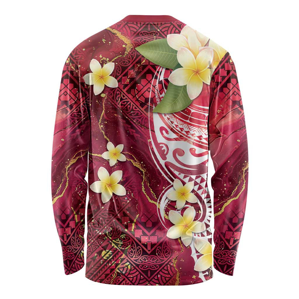 Polynesian Tribal Tattoo Long Sleeve Shirt Plumeria Blood Red and Gold Marble Pattern LT9 - Polynesian Pride