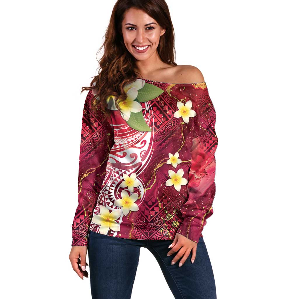 Polynesian Tribal Tattoo Off Shoulder Sweater Plumeria Blood Red and Gold Marble Pattern LT9 Women Red - Polynesian Pride