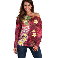 Polynesian Tribal Tattoo Off Shoulder Sweater Plumeria Blood Red and Gold Marble Pattern LT9 Women Red - Polynesian Pride