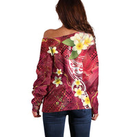 Polynesian Tribal Tattoo Off Shoulder Sweater Plumeria Blood Red and Gold Marble Pattern LT9 - Polynesian Pride