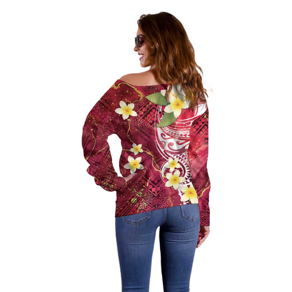 Polynesian Tribal Tattoo Off Shoulder Sweater Plumeria Blood Red and Gold Marble Pattern LT9 - Polynesian Pride