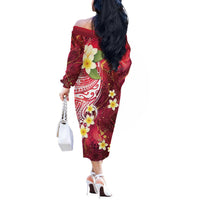 Polynesian Tribal Tattoo Off The Shoulder Long Sleeve Dress Plumeria Blood Red and Gold Marble Pattern LT9 - Polynesian Pride