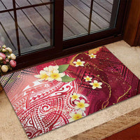 Polynesian Tribal Tattoo Rubber Doormat Plumeria Blood Red and Gold Marble Pattern