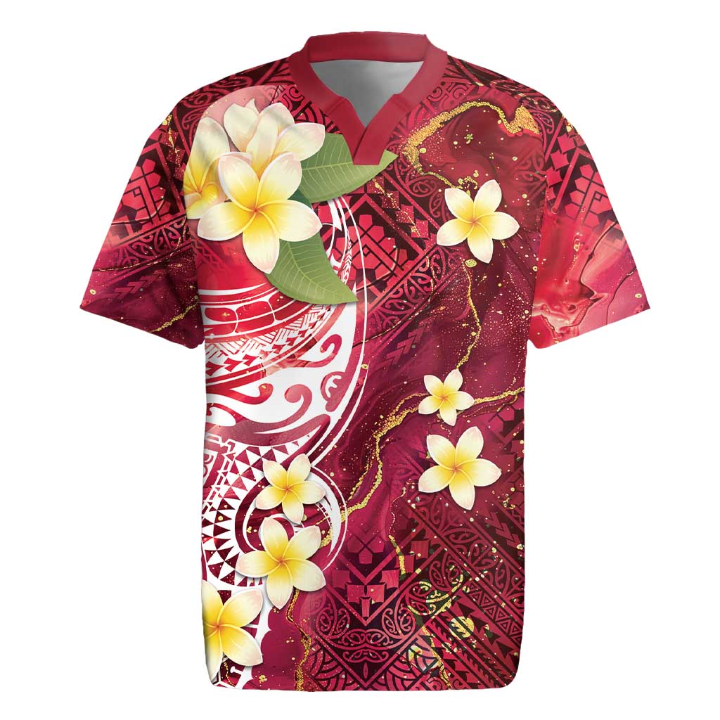 Polynesian Tribal Tattoo Rugby Jersey Plumeria Blood Red and Gold Marble Pattern LT9 Red - Polynesian Pride